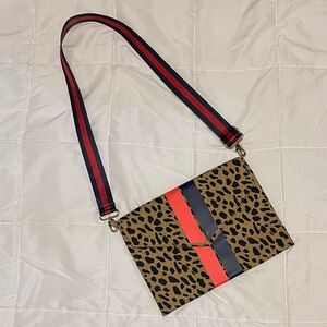 Stella & Dot Leopard Print Crossbody Bag with Red and Black Stripes